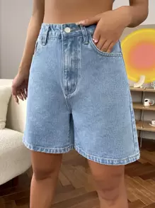 High Waist Wide Leg Denim Shorts - Light Wash - View 3