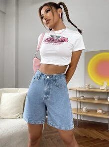 High Waist Wide Leg Denim Shorts - Light Wash - View 5