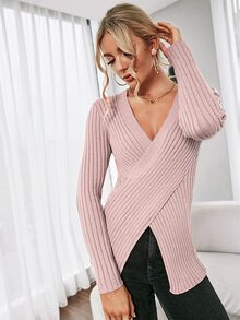 SHEIN Essnce Wrap Front Rib-Knit Jumper - Dusty Pink - View 3