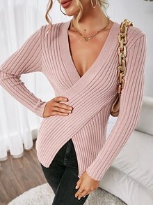 SHEIN Essnce Wrap Front Rib-Knit Jumper - Dusty Pink - View 5