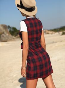 Tartan Print Sleeveless Tie Front Wrap Dress Without Tee - Red - View 2