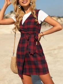 Tartan Print Sleeveless Tie Front Wrap Dress Without Tee - Red - View 5
