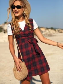 Tartan Print Sleeveless Tie Front Wrap Dress Without Tee - Red - View 6