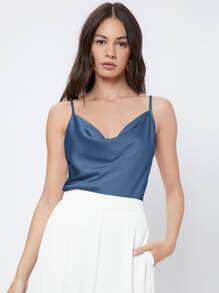 BizChic 女士无袖缎面吊带背心，浪漫优雅纯色休闲商务通勤装，适合办公室、日常、秋季 - 藏蓝色 - 查看 7