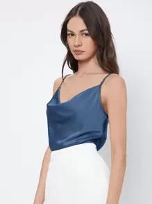 BizChic 女士无袖缎面吊带背心，浪漫优雅纯色休闲商务通勤装，适合办公室、日常、秋季 - 藏蓝色 - 查看 4