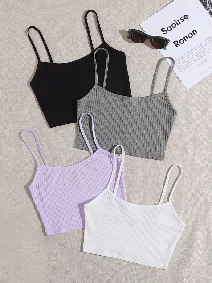 SHEIN EZwear 4 piezas top de tirantes tejido de canalé ribete en forma de lechuga - Multicolor - Ver 1