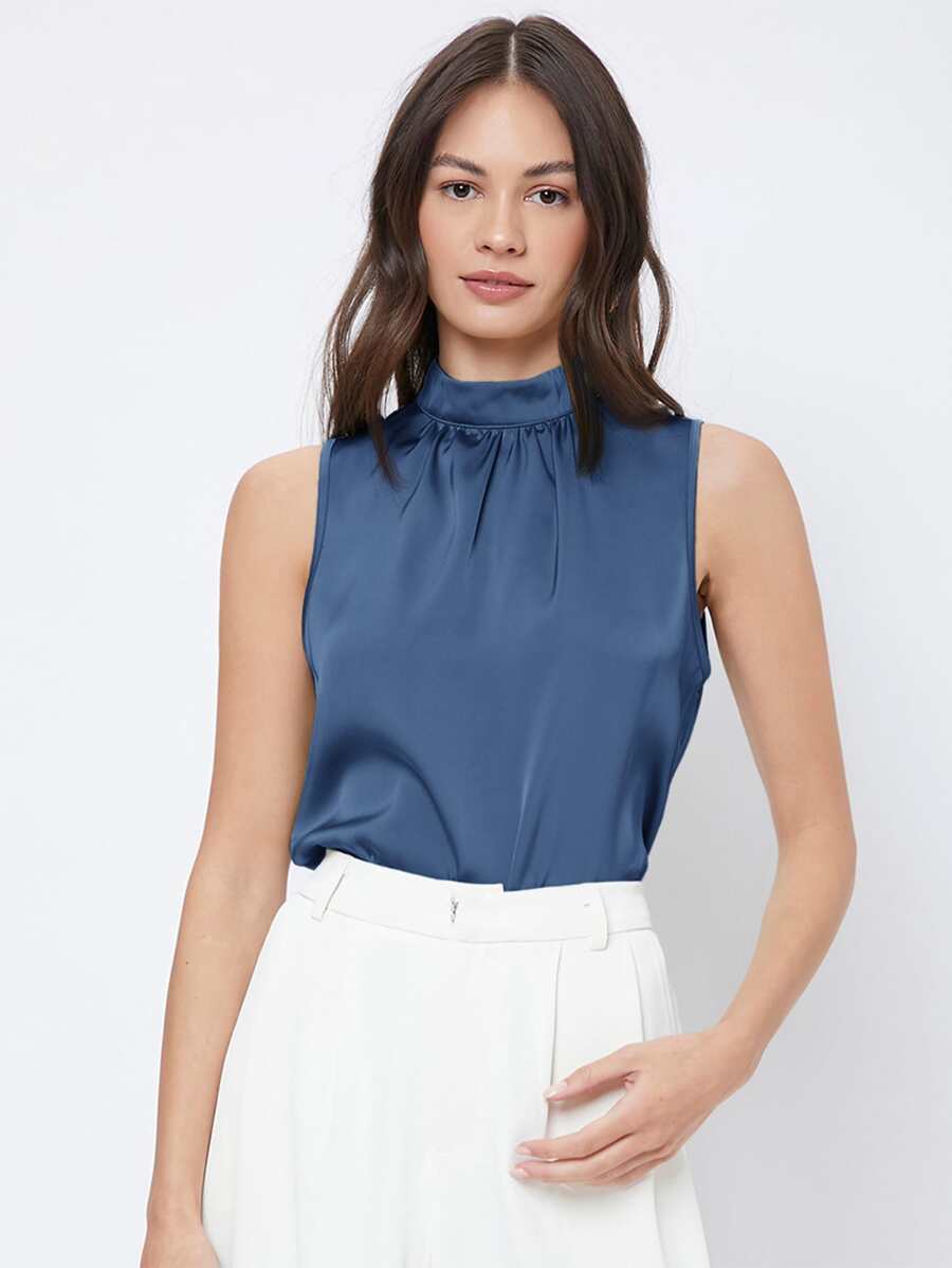 BizChic Keyhole Back Sleeveless Top Workwear - Navy Blue - View 1