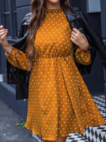 SHEIN Clasi 波卡圓點後鎖孔燈籠袖連衣裙 - 黃色 - 查看 1