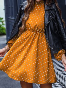 SHEIN Clasi 波卡圓點後鎖孔燈籠袖連衣裙 - 黃色 - 查看 3