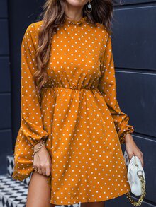 SHEIN Clasi 波卡圓點後鎖孔燈籠袖連衣裙 - 黃色 - 查看 4