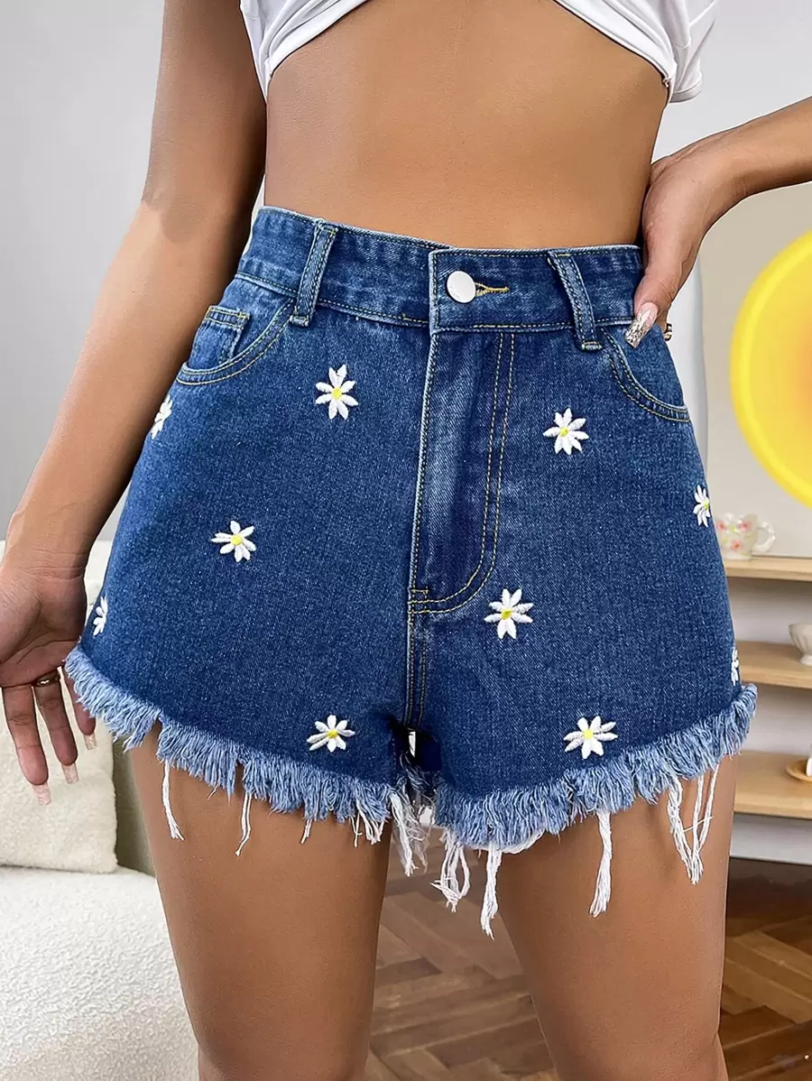 SHEIN ICON Daisy Embroidery Raw Hem Denim Shorts - Medium Wash - View 1