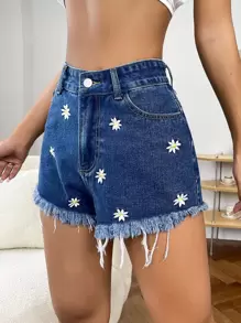 SHEIN ICON Daisy Embroidery Raw Hem Denim Shorts - Medium Wash - View 3