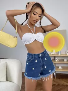 SHEIN ICON Daisy Embroidery Raw Hem Denim Shorts - Medium Wash - View 4