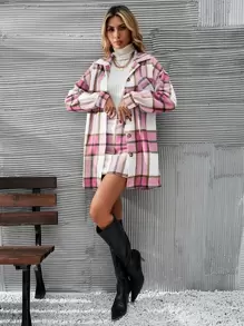 SHEIN Clasi Plaid Print Button Front Overcoat & Skirt - Multicolor - View 4