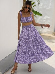 SHEIN Unity 小碎花肩部打結吊帶短上衣和裙子套裝 - 彩色 - 查看 6