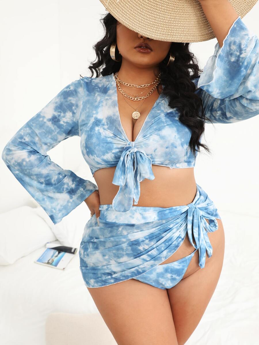 Plus Size Tie Dye Triangle Bikini Set Summer Beach - Multicolor - View 1