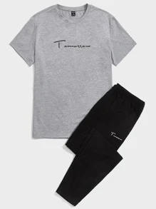 SHEIN Men Letter Graphic Tee & Trousers Lounge Set - Multicolor - View 1