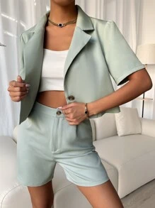 con botón manga corta Blazer & Shorts Traje Conjunto - verde menta - Ver 3