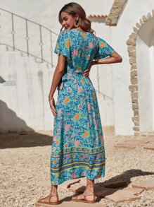 SHEIN Holidaya 印花圍裹側繫帶蝴蝶袖連衣裙 - 彩色 - 查看 2