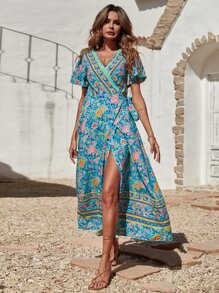 SHEIN Holidaya 印花圍裹側繫帶蝴蝶袖連衣裙 - 彩色 - 查看 5