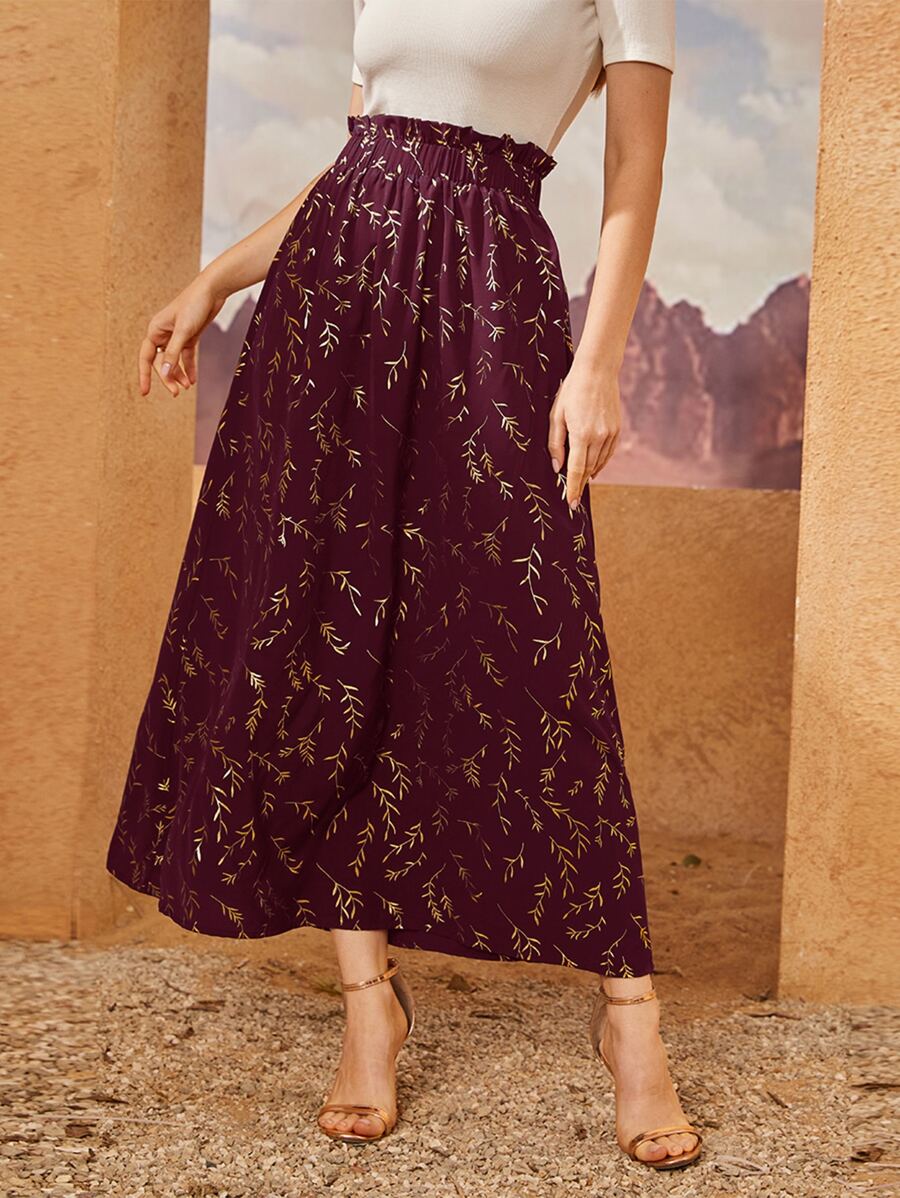 Mulvari 勃艮第红色植物印花纸袋裙 - 酒紅色 - 查看 1