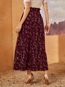 Mulvari 勃艮第红色植物印花纸袋裙 - 酒紅色 - 查看 2