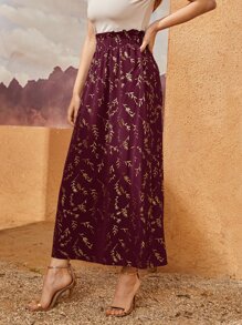 Mulvari 勃艮第红色植物印花纸袋裙 - 酒紅色 - 查看 3