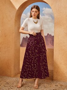 Mulvari 勃艮第红色植物印花纸袋裙 - 酒紅色 - 查看 4