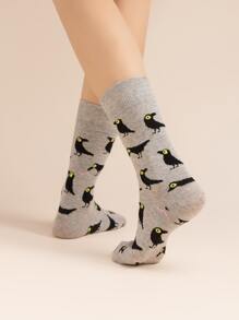 Crow Print Crew Socks - Multicolor - View 1