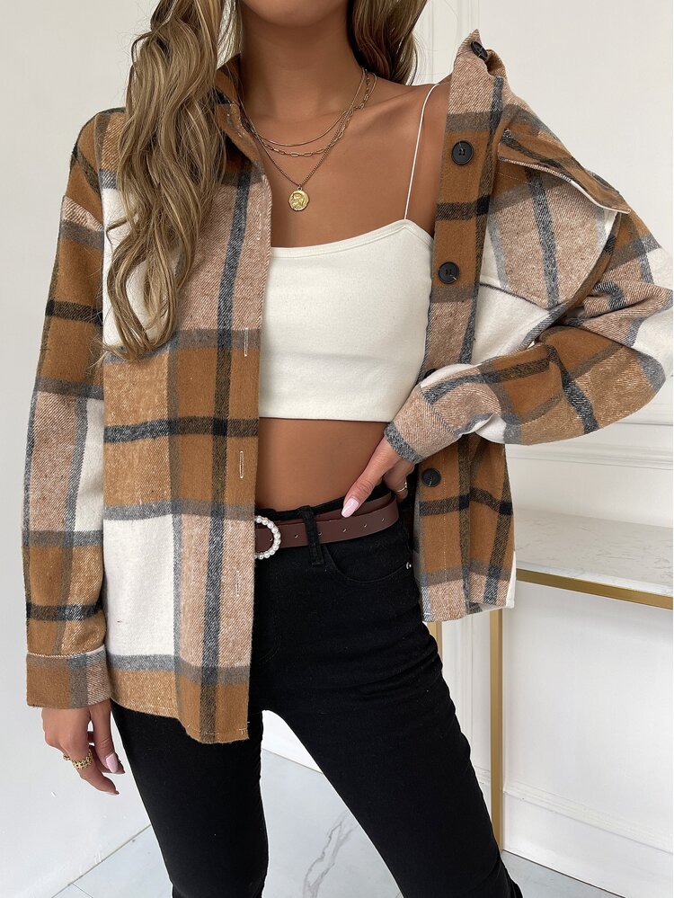 Plaid Flap Pocket Drop Shoulder Coat Fall Winter Cloth For Women