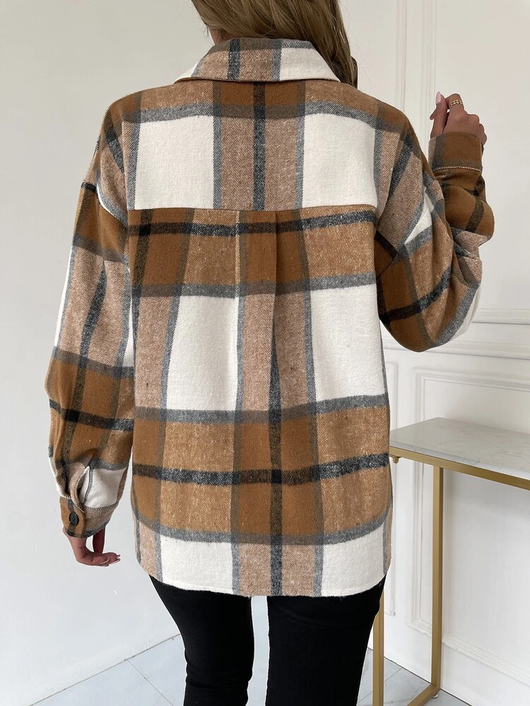 Plaid Flap Pocket Drop Shoulder Coat Fall Winter Cloth For Women
