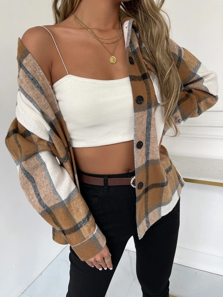 Plaid Flap Pocket Drop Shoulder Coat Fall Winter Cloth For Women