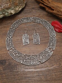 con abertura Pendientes largos & Collar - Plata antigua - Ver 1