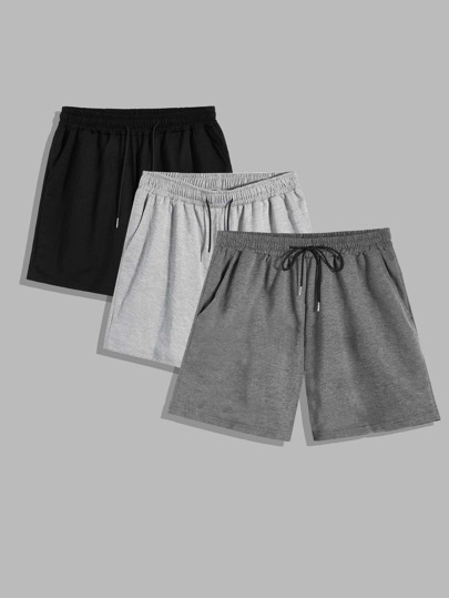 Manfinity Roghcode Men Plus 3pcs Slant Pockets Drawstring Waist Athletic Shorts Going Out Plain Jogger Shorts Basic Plain Shorts, For Husband, Boyfriend Gifts