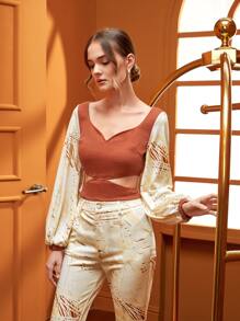 ETA LUXE by Erica Appleby Contrast Lantern Sleeve Cutout Waist Zipper Back Pullover - Multicolor - View 1