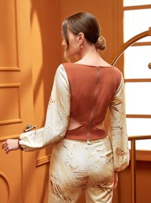 ETA LUXE by Erica Appleby Contrast Lantern Sleeve Cutout Waist Zipper Back Pullover - Multicolor - View 2