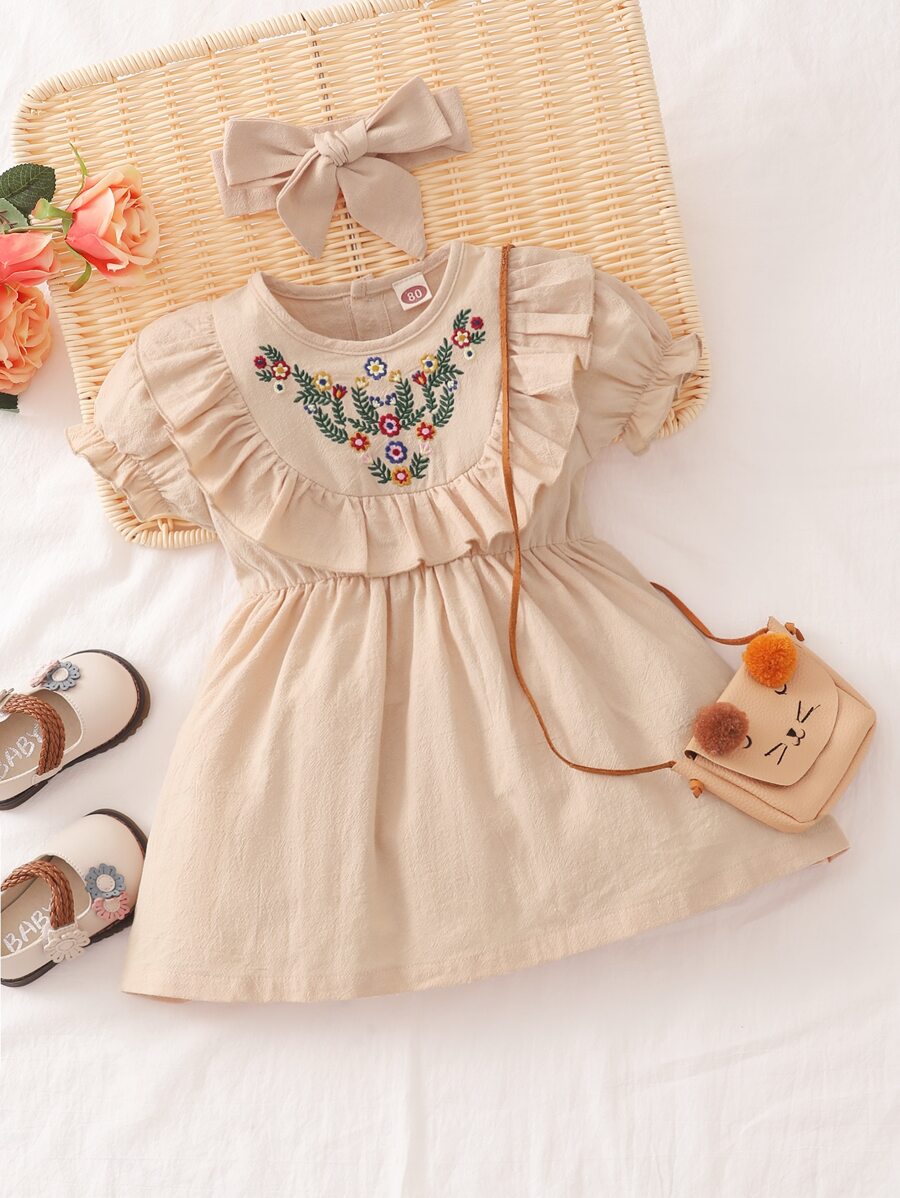 嬰兒花卉刺繡泡泡袖荷葉邊連衣裙和髮箍