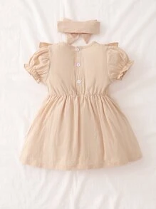 嬰兒花卉刺繡泡泡袖荷葉邊連衣裙和髮箍