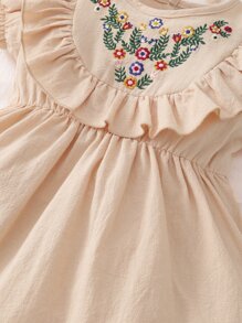 嬰兒花卉刺繡泡泡袖荷葉邊連衣裙和髮箍