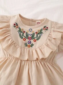 嬰兒花卉刺繡泡泡袖荷葉邊連衣裙和髮箍