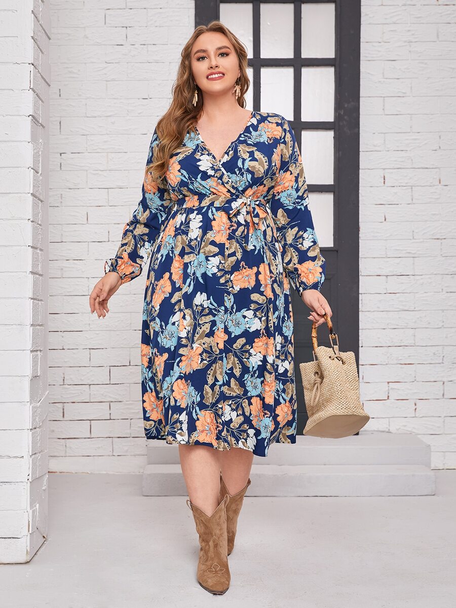 大碼印花燈籠袖繫腰帶連衣裙 - 彩色 - 查看 1