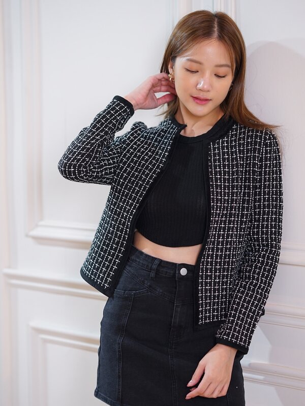 DAZY เสื้อโค้ททวีดแบบเปิดหน้าลายตารางสี, เสื้อแจ็กเก็ตสำหรับผู้หญิงในช่วงฤดูใบไม้ร่วง