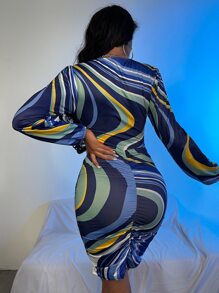 SHEIN SXY 波浪線圖案褶邊緊身連衣裙 - 彩色 - 查看 2