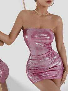 SHEIN BAE Ruched Metallic Tube Bodycon Dress - Pink - View 3