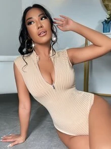 SHEIN SXY Solid Half Zip Bodysuit - Apricot - View 1