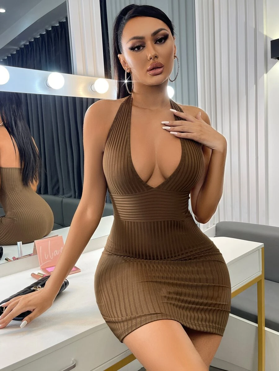 SHEIN Allurite Vestido ajustado tejido de canalé de espalda abierta halter - Marrón Mocha - Ver 1