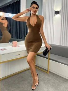 SHEIN Allurite Vestido ajustado tejido de canalé de espalda abierta halter - Marrón Mocha - Ver 4