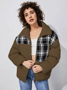 SHEIN EZwear 格纹拼接拉链夹棉大衣