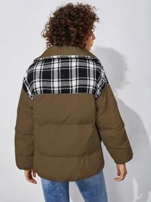 SHEIN EZwear 格纹拼接拉链夹棉大衣