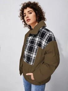 SHEIN EZwear 格纹拼接拉链夹棉大衣